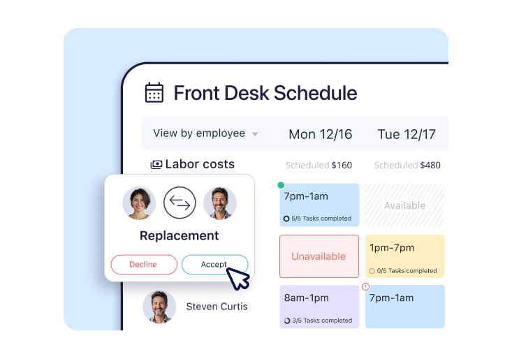 Front Desk's Schedule, showing a shift replacement