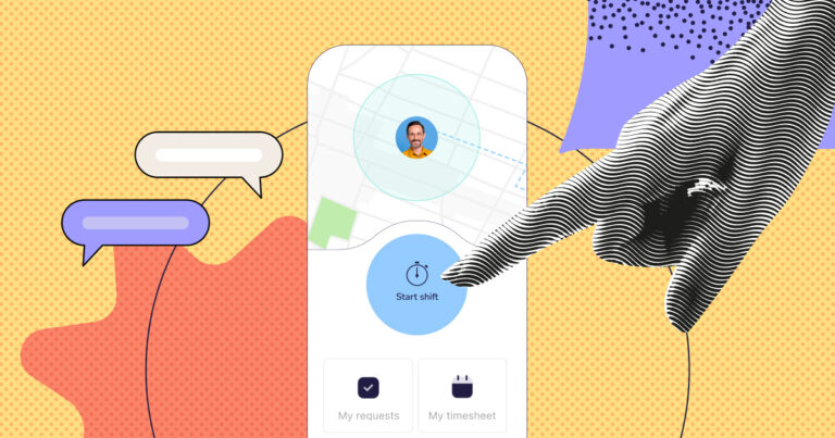 An illustration showing a hand pointing at a phone with a clock in clock out app installed