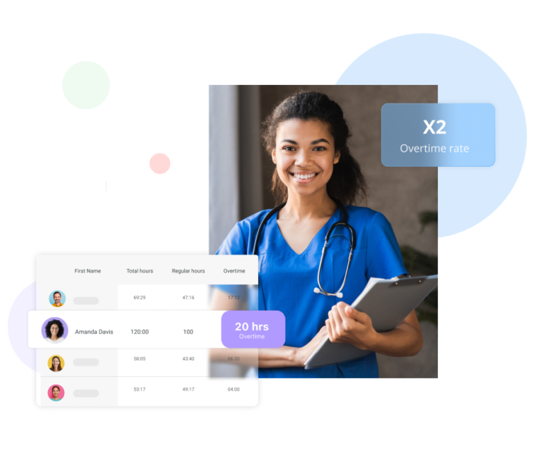 medical staff holding a folder and smiling with a screenshot of Connecteam's time clock feature