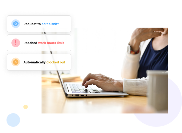 an hand pessing on a laptop keyboard with screenshots of Connecteam's time clock alerts