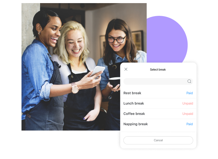 employees looking at a phone with a screenshot of Connecteam's time clock breaks feature