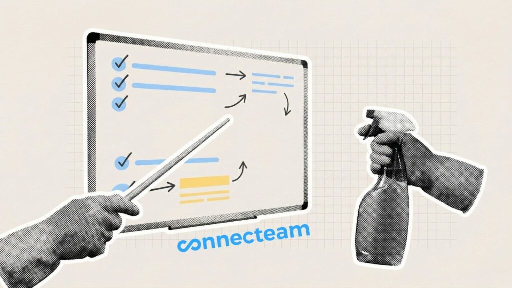 Illustration showing a hand in a cleaning glove holding a pointer to a whiteboard, a gloved hand holding a spray bottle, and the Connecteam logo.