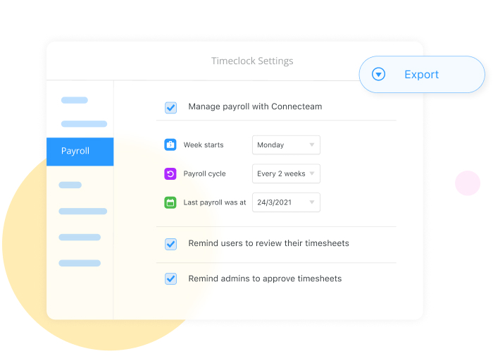 screenshot of Connecteam's payroll settings from the time clock feature