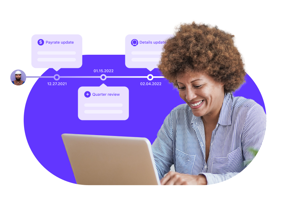woman looking at her laptop with a screenshot of Connecteam's timeline feature