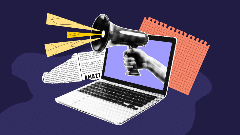 A collage of a computer running construction scheduling software and a hand holding a megaphone