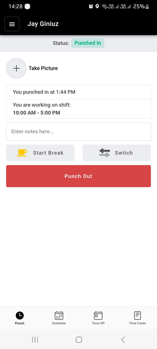 Buddy Punch shows when you&rsquo;re punched in, but there&rsquo;s no running timer like many other time tracking apps.