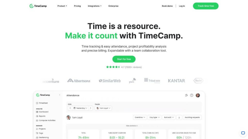 A screenshot of the TimeCamp website