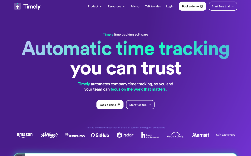 Screenshot of the Timely webpage