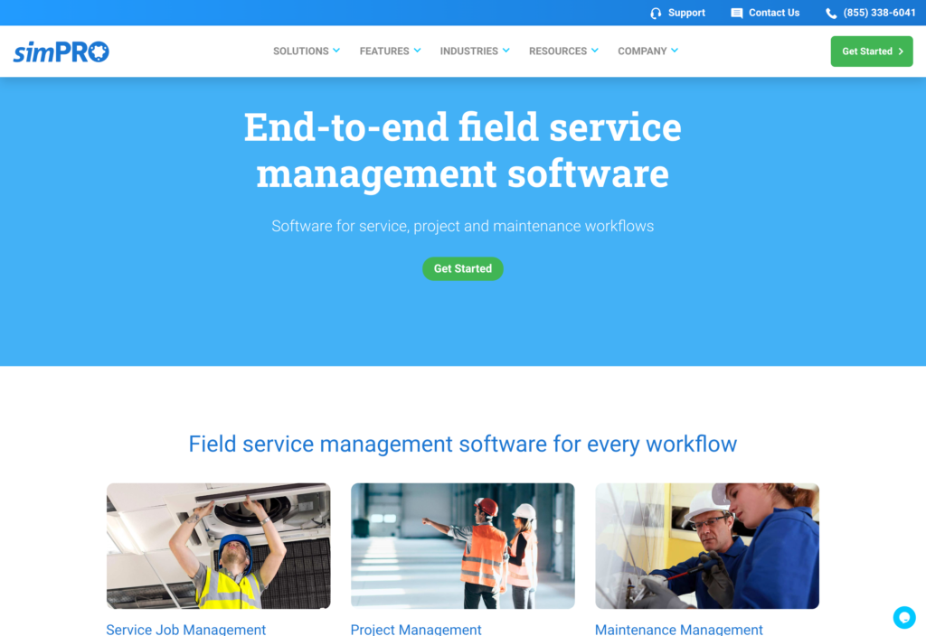 Screenshot of the simPRO webpage