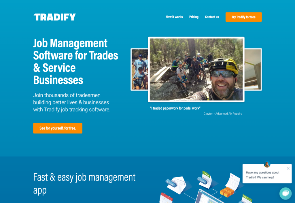 Screenshot of the Tradify webpage