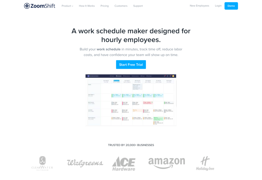 Screenshot of the Zoomshift webpage