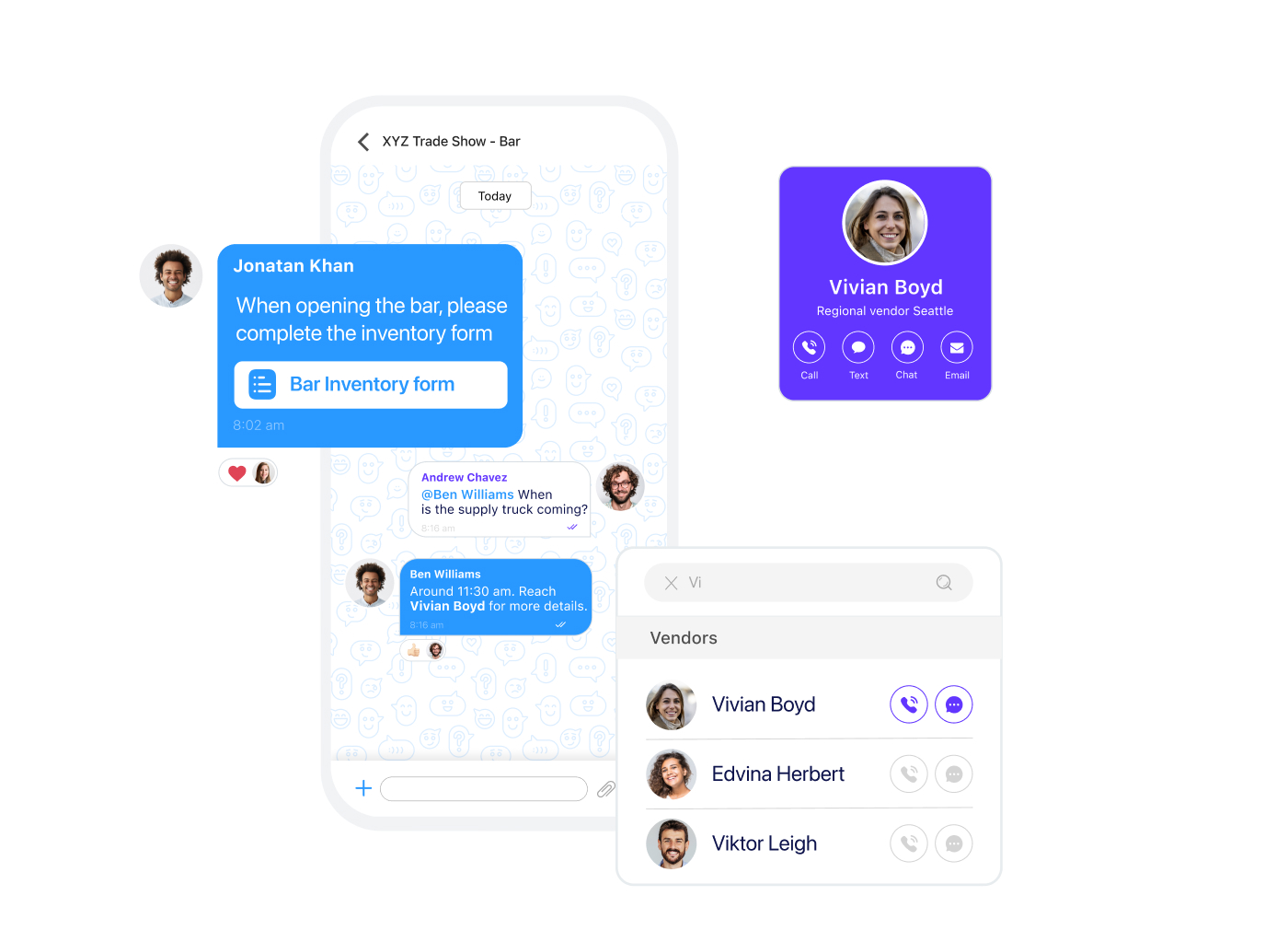 Screenshots of the Connecteam Chat and Directory features