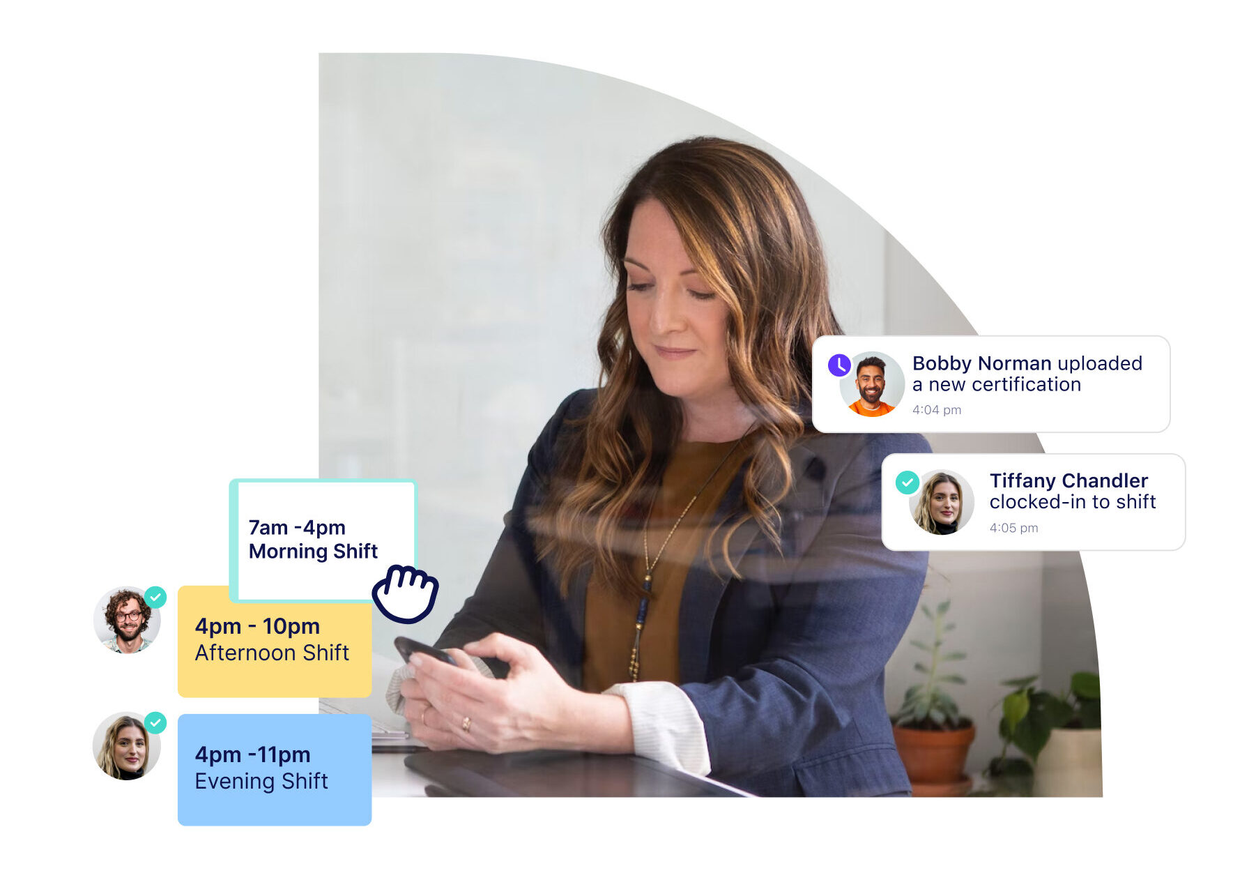 Woman looking at her phone with screenshot of Connecteam Scheduling feature