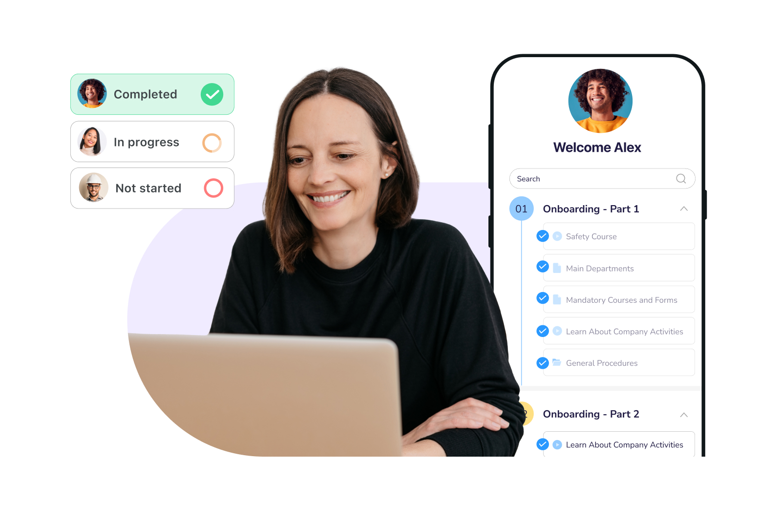 Woman looking at a computer with screenshots of the Connecteam Training feature