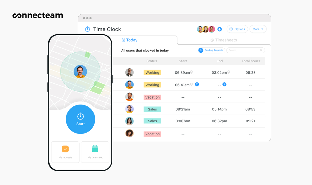On the left, Connecteam&rsquo;s employee app shows options to start the timer and view requests and timesheets. On the right, Connecteam&rsquo;s admin dashboard shows employees&rsquo; start and end times, pending requests, and an option to view timesheets. 