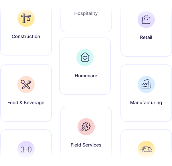 Icons for various industries, including Hospitality, Construction, Retail, Homecare, Food & Beverage, Manufacturing, Field Services