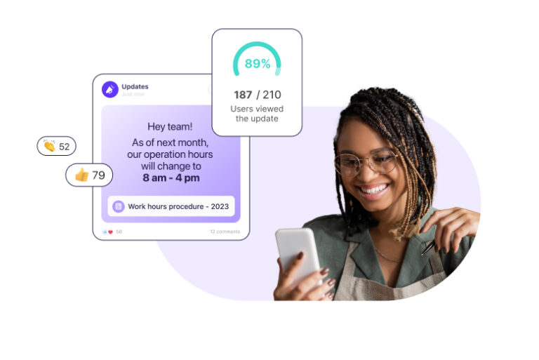 A woman looking at her phone and smiling and connecteam's app illustration of feed and statistics