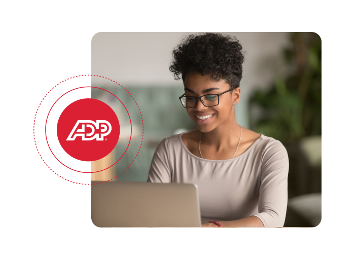 a women smiling looking at her computer with ADP icon is popping