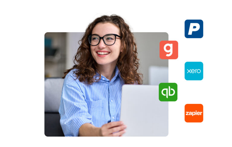 A women smiling with different integrations logos besides her