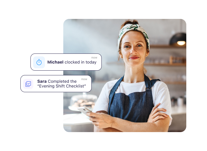 A woman smiling at the restaurant wtih an app messages illustration