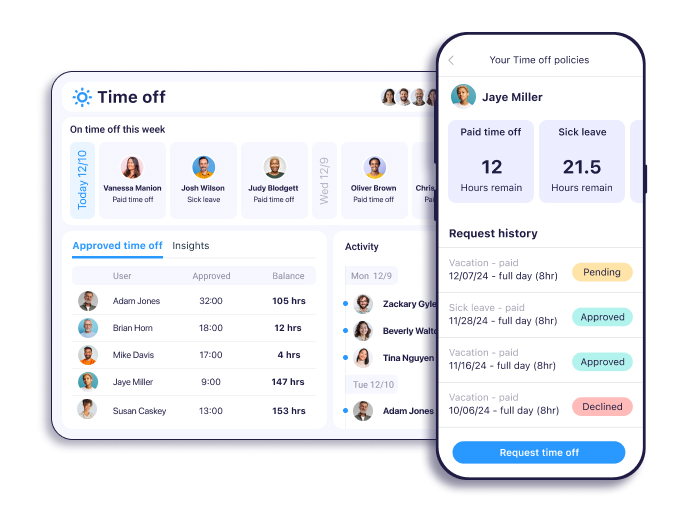 A view of the admin's web platform and the user's mobile app of the time off asset