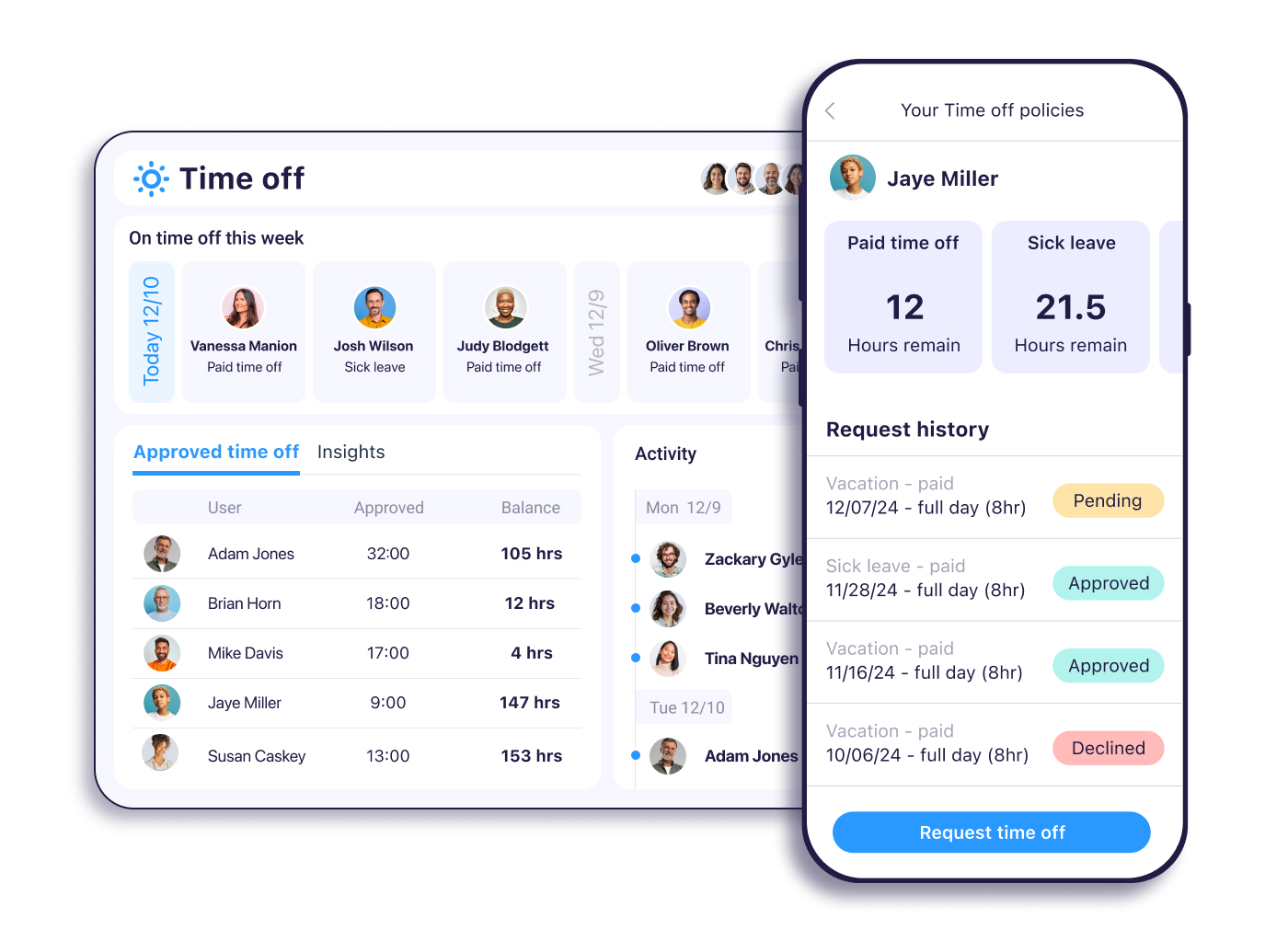 A view of the admin's web platform and the user's mobile app of the time off asset