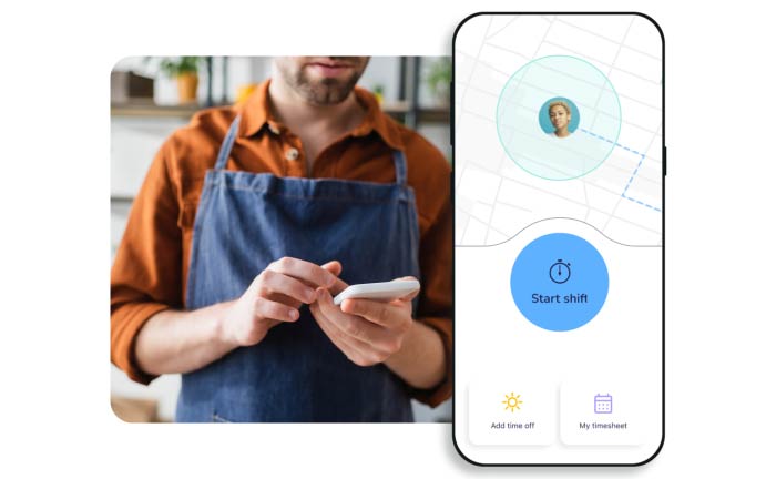 Barista looking at Connecteam mobile App