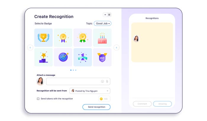 A view of optional badges when creating a Recognition