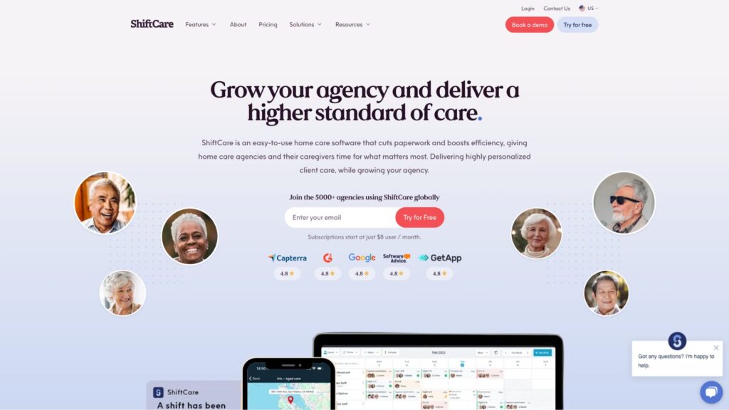 A screenshot of the ShiftCare homepage