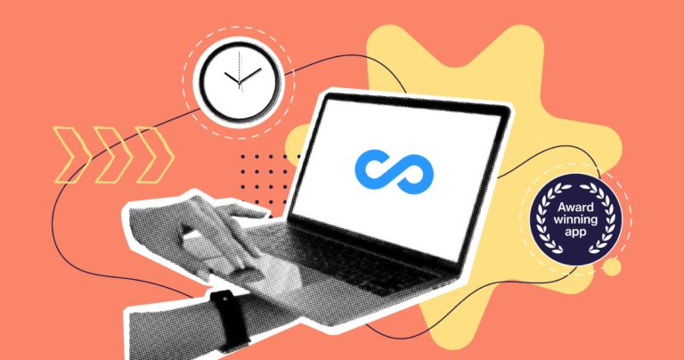 An illustration of a hand holding a laptop with employee scheduling software installed