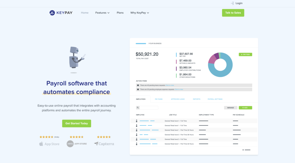 Screenshot of KeyPay’s homepage, featuring a small cartoon of a robot, plus an example of what KeyPay payroll reports look like.