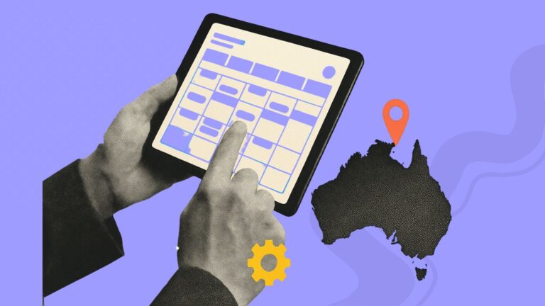 A collage of hands holding a tablet with workforce management software and the outline of Australia