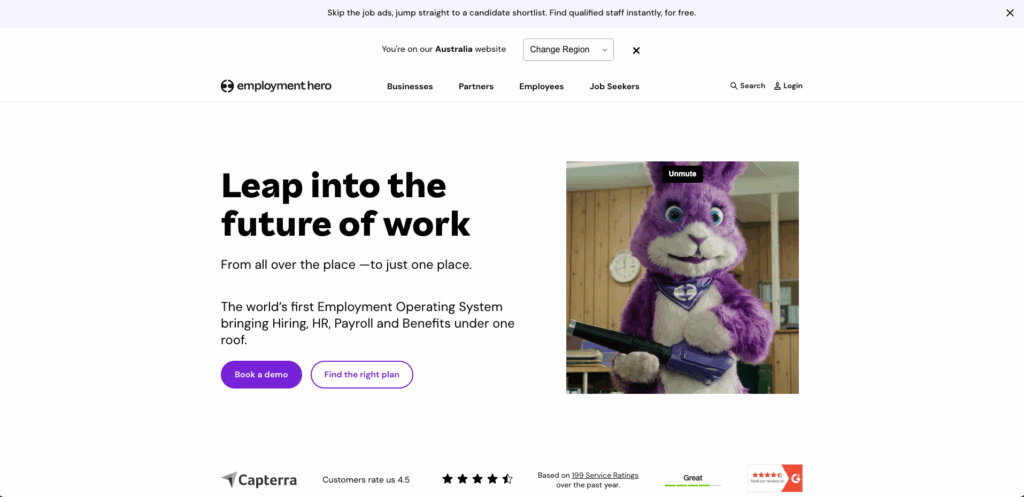 Screenshot of Employment Hero's webpage