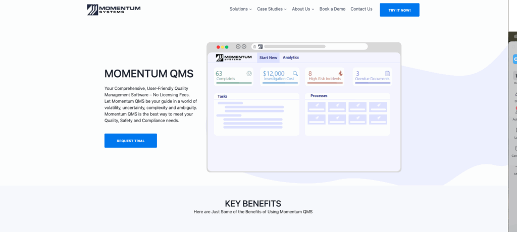 Screenshot of Momentum QMS' homepage