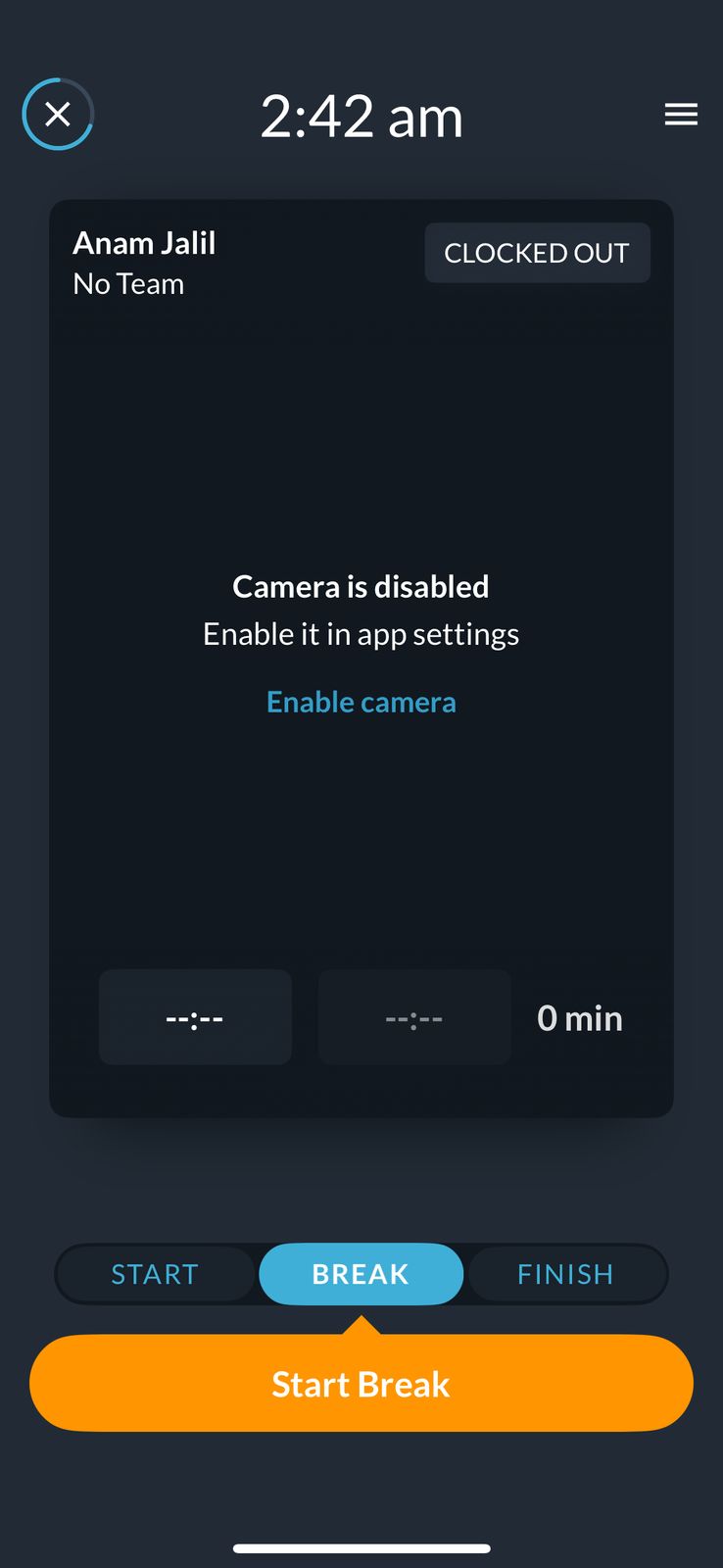 Tanda time clock showing an employee still clocked out after pressing clocked in