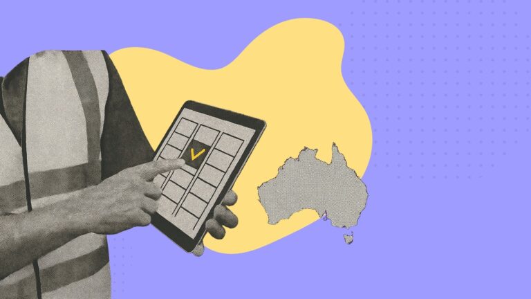 An collage of a worker holding a tablet with job management software and a map of Australia