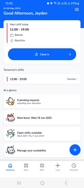 Screenshot showing the clock-in button