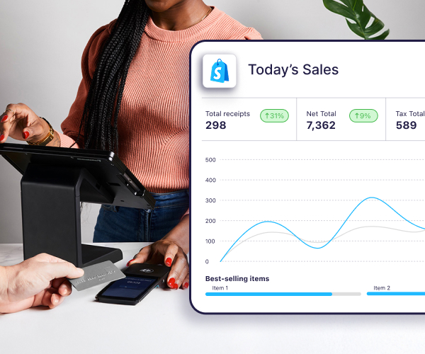 A photo of a transaction being made and a view of Shopify POS