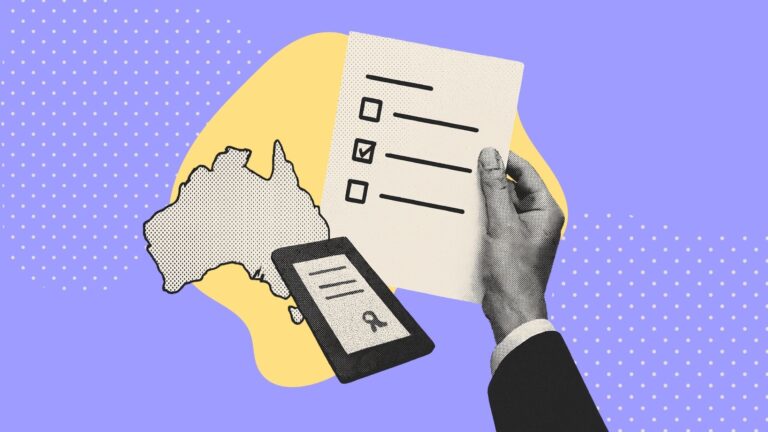 A collage showing a hand holding a document next to the outline of Australia