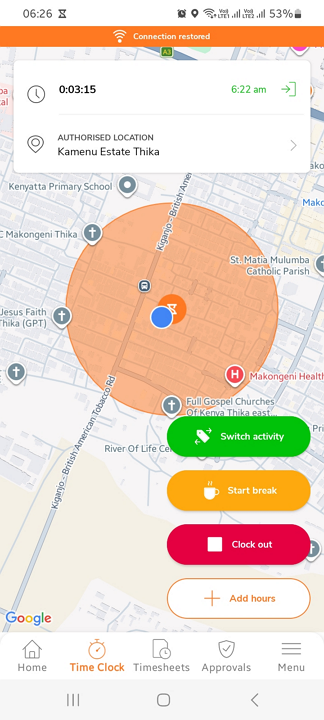 Screenshot of Jibble’s time tracking feature on the mobile app. It shows a running timer, the employee’s live GPS location, and a message confirming the geolocation is authorised. There are options to switch activity, start a break, or clock out.