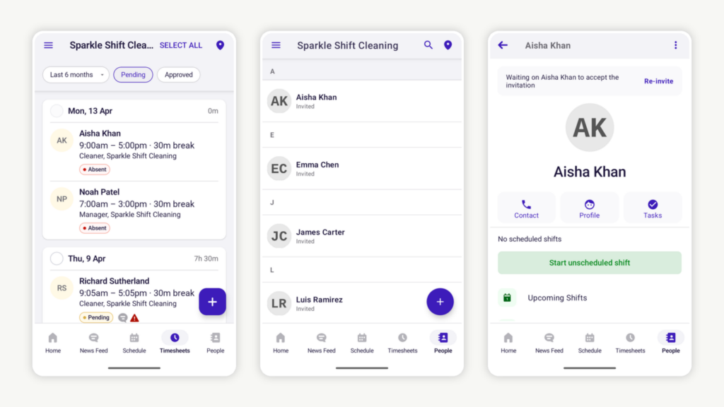 Screenshot of Deputy&rsquo;s mobile app features. The image on the left shows pending employee timesheets with information such as clock-in and clock-out times, breaks, and attendance status. The centre and right-side images show the &ldquo;People&rdquo; feature, which displays a list of team members and an employee profile, respectively. 