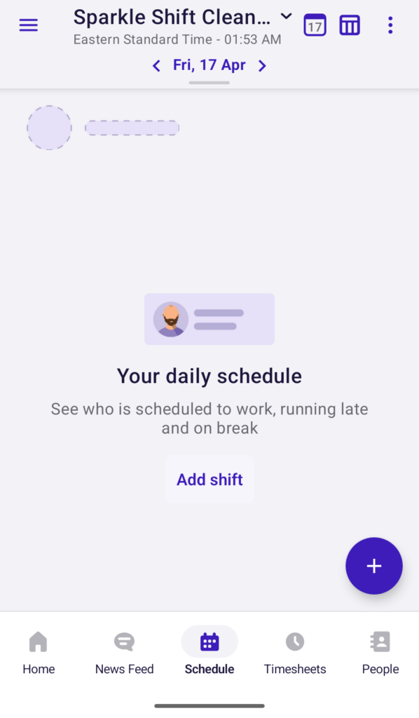 Screenshot of Deputy&rsquo;s mobile app showing a manager&rsquo;s dashboard. Once a schedule is published, it&rsquo;ll show real-time worker statuses, such as who is scheduled to work, running late, or on a break. 