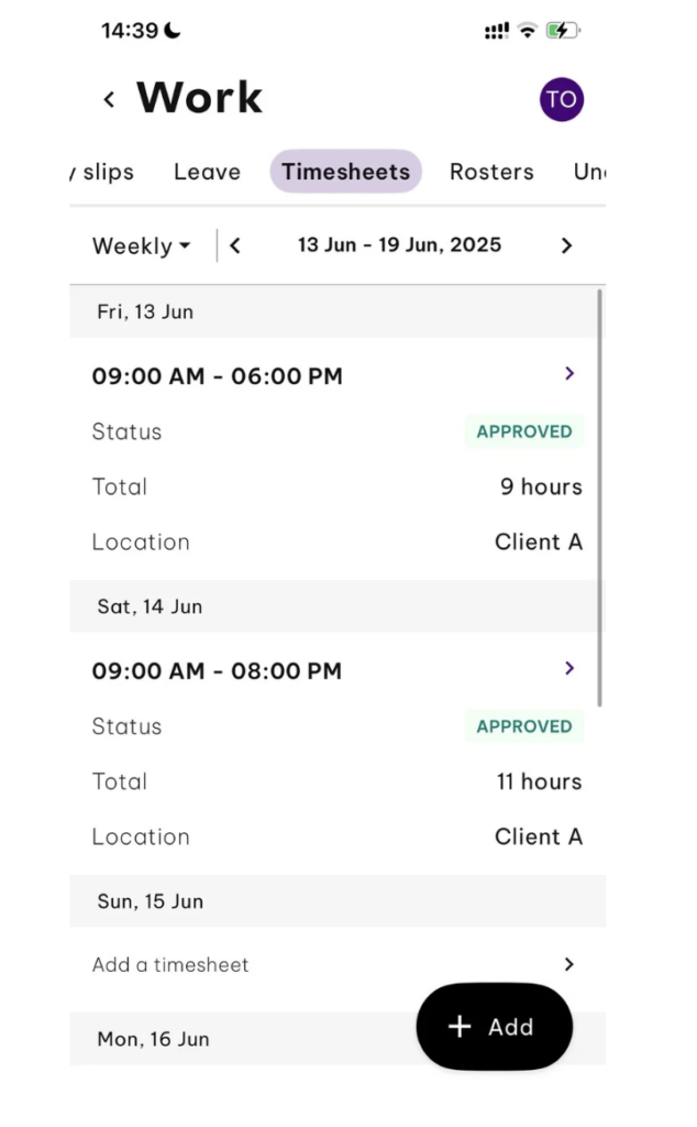 Screenshot of Employment Hero&rsquo;s mobile app, showing a list of timesheets, their status, total hours worked, and client name. 