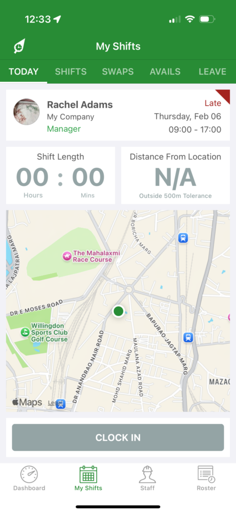 Mobile screenshot of RosterElf's GPS time clock