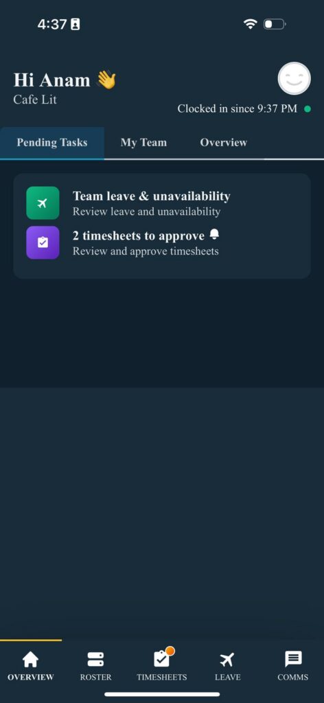 Screenshot of Tanda’s mobile app showing a manager’s pending tasks, such as reviewing team leave requests and approving timesheets.