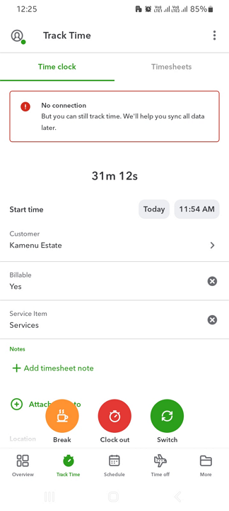 Screenshot of QuickBooks Time’s mobile app showing the time tracking feature. There is a running time entry showing hours worked, the customer and service it’s linked to, and whether it’s billable. The timer is still running despite the app being offline. There’s a message that says the data will sync once there’s an internet connection.