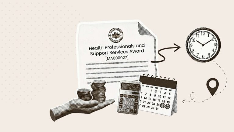 A collage showing a document reading Health Professionals and Support Services Awardwith a hand holding coins and a calculator