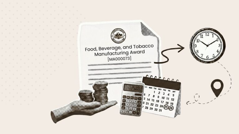 A collage showing a document reading Food, Beverage, and Tobacco Manufacturing Award with a hand holding coins and a calculator