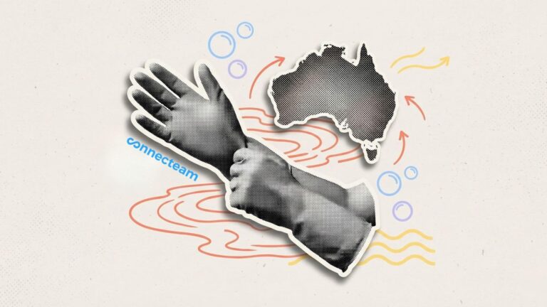 An illustration showing gloved hands over Australia with the Connecteam logo