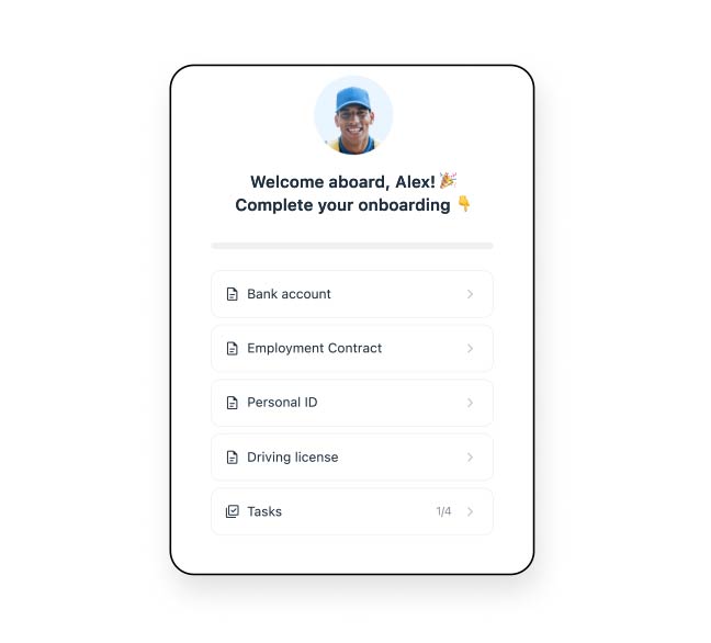 Connecteam mobile onboarding checklist showing required documents and tasks for a new employee